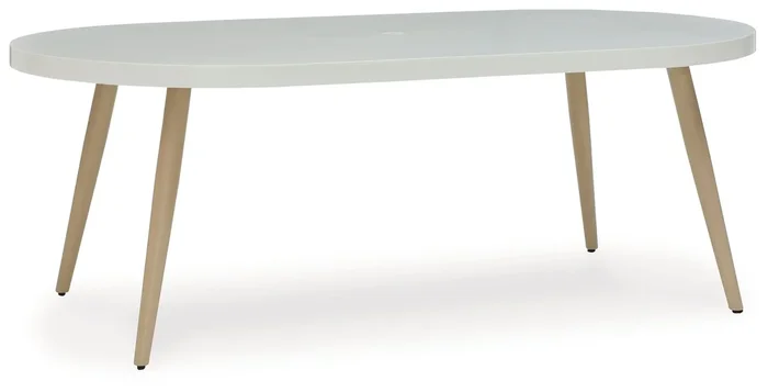 Outdoor Oval Dining Table with Faux Stone Top and Umbrella Option