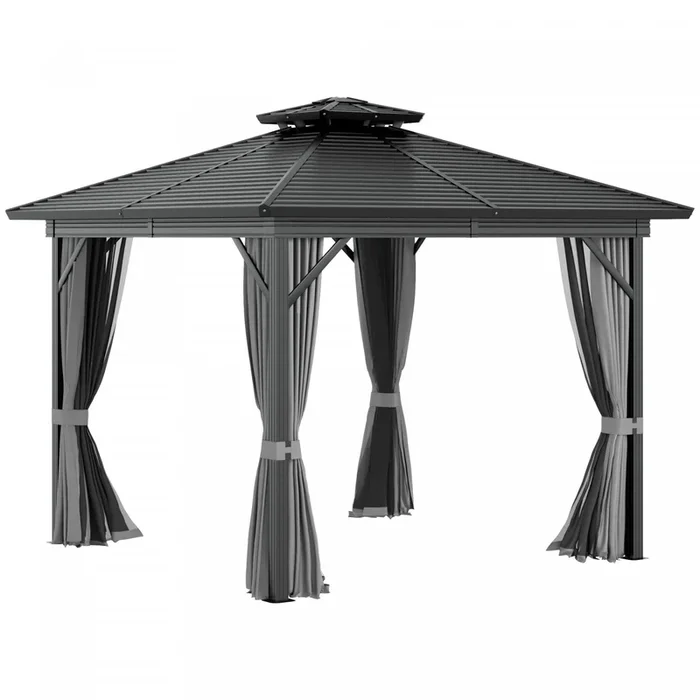 Outsunny 10′ X 10′ Hardtop Gazebo, Aluminum Frame Garden Sun Shelter With Double Tier Metal Roof, Mo|Outsunny 10′ X 10′ Tonnelle Acier Hardtop Gazebo Jardin Abri Soleil Avec Moustiquaire Et Rideaux Cro