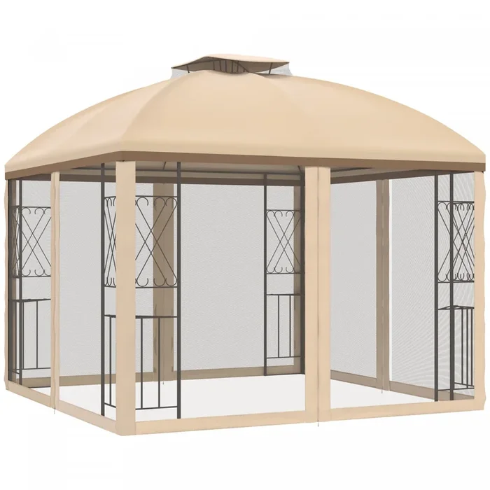 Outsunny 10′ X 10′ Outdoor Gazebo Canopy With Display Corner Shelves, Double Tier Roof, Removable Me|Outsunny 10′ X 10′ Tonnelle Pavillon Jardin Patio Terrasse Gazebo Exterieur Double Toit Avec Parois
