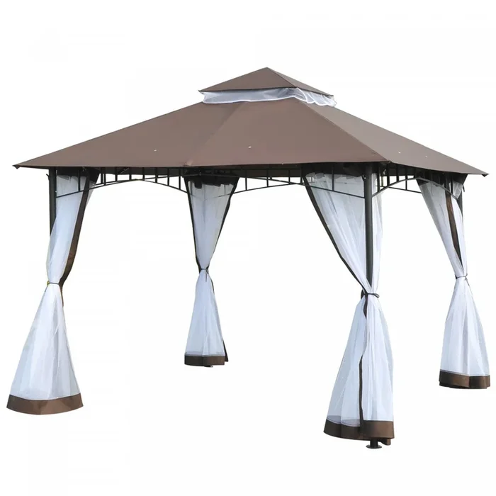 Outsunny 10′ X 10′ Outdoor Patio Gazebo Canopy Tent With Mesh Sidewalls, 2-tier Canopy For Backyard,|Outsunny 10x10pi Pare-soleil Exterieur A Auvent De Gazebo De Jardin A Deux Niveaux Toit Anti-uv Resi
