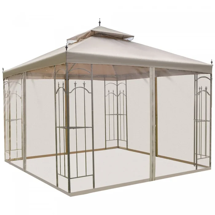 Outsunny 10′ X 10′ Steel Outdoor Patio Gazebo Canopy With Removable Mesh Curtains, Display Shelves, |Outsunny 10′ X 10′ Pavillon De Jardin Avec Rideaux En Maille Amovibles, Etageres De Presentation, Et