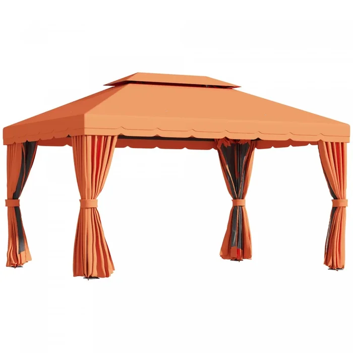 Outsunny 10 X 13ft Aluminum Frame Gazebo Canopy Double Tier Garden Shelter With Netting And Curtains|Outsunny 10 X 13pi Belvedere Cadre En Aluminium Tonnelle Auvent Double Niveau Abri De Jardin Avec Fi