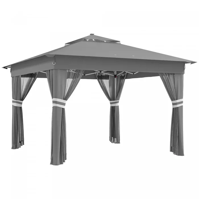 Outsunny 11x11ft Pop Up Canopy Tent With Curtains, Netting, 20 Solar-powered LED Lights, Roller Bag,|Outsunny 11x11ft Pop Up Canopy Tent With Sides, 20 Solar-powered LED Lights, Curtains, Netting, Roll