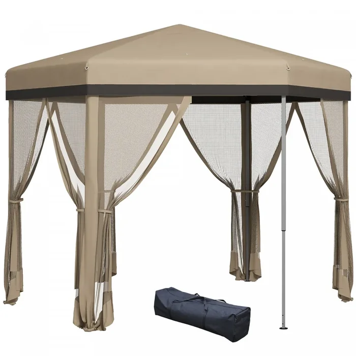 Outsunny 12×12 Pop Up Canopy Tent, Hexagon Gazebo With Mosquito Netting, Carry Bag, Stakes, Ropes, H|Outsunny Auvent De 12×12′, Tente Gazebo Avec Filet, Sac De Transport, Kaki