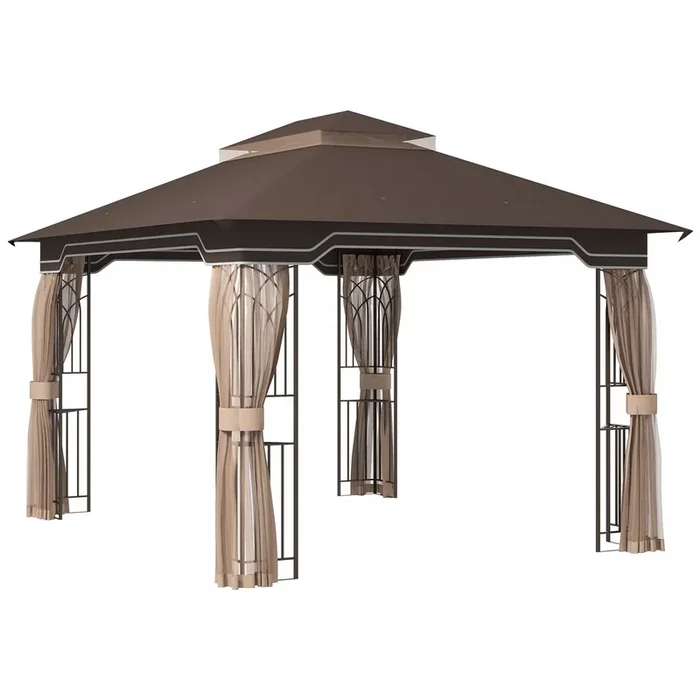 Outsunny 12′ X 10′ Patio Gazebo Outdoor Canopy W/ 2-tier Roof, Nettings|Outsunny Auvent Exterieur De Tonnelle De Patio 12′ X 10′, Filets