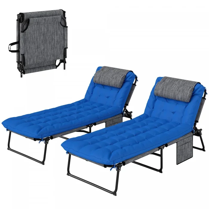 Outsunny 2 Pcs Folding Lounge Chairs, Reclining Tanning Chairs, Blue