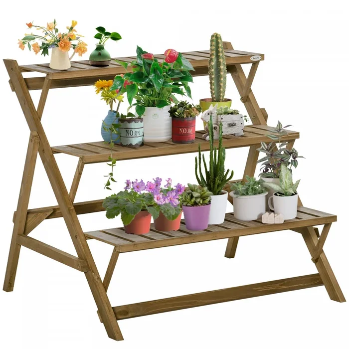 Outsunny 3-tier Ladder Plant Stand Foldable Wood Flower Display Shelf For Indoor Outdoor Home Garden|Outsunny – Echelle A 3 Niveaux Pour Plantes – Etagere Pliable Pour Fleurs En Bois Pour L’exterieur,