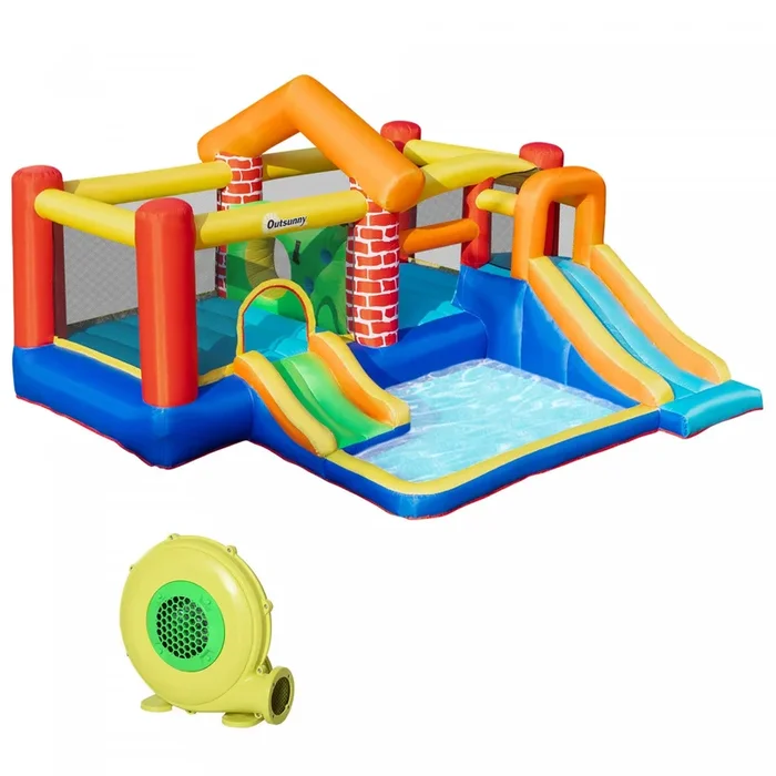 Outsunny 4 In 1 Kids Bounce House Castle-themed Large Double Slides & Trampoline Inflatable Pool Wit|Outsunny 4 En 1 Chateau Gonflable Extra Large Double Slips Maison Piscine Mur D’escalade Avec Sac De