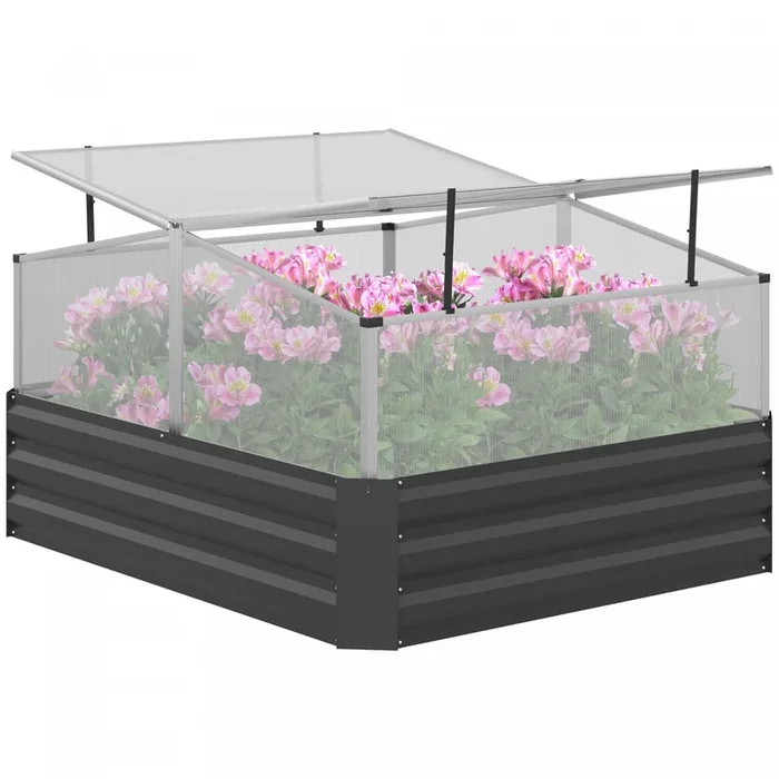 Outsunny 49.6″ X 42.1″ X 26.6″ Galvanized Raised Garden Bed With Greenhouse, Steel Planters For Outd|Outsunny Lit De Jardin Sureleve Galvanise Avec Serre, Jardinieres En Acier Pour Plantes D’exterieur,