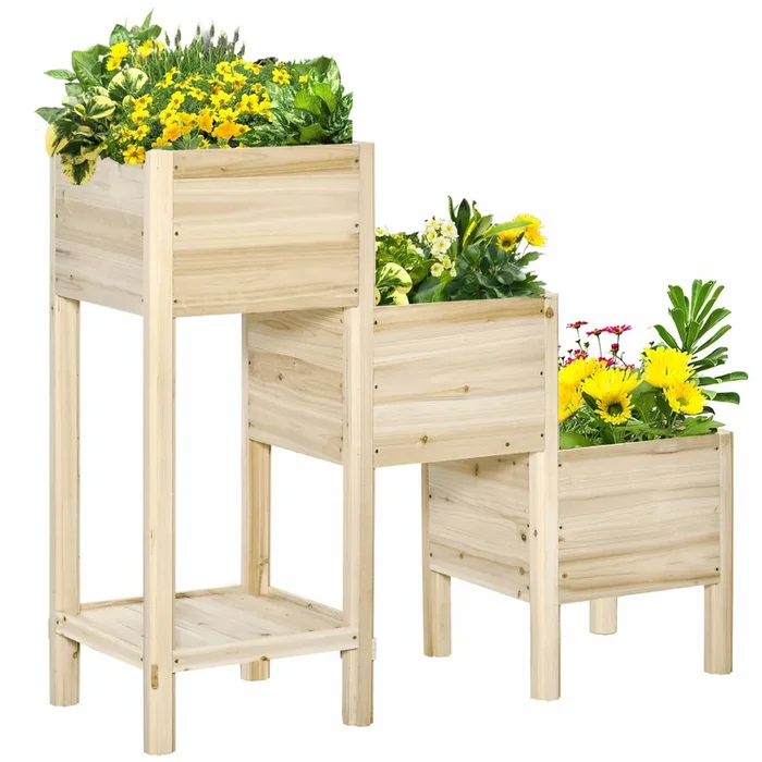 Outsunny 49” X 18” X 43” 3-tier Raised Garden Bed W/ Storage Shelf And Drainage Hole, Wood Elevat|Outsunny – Lit De Jardin Sureleve A 3 Niveaux Avec Etagere De Rangement, Kit De Jardiniere Surelevee