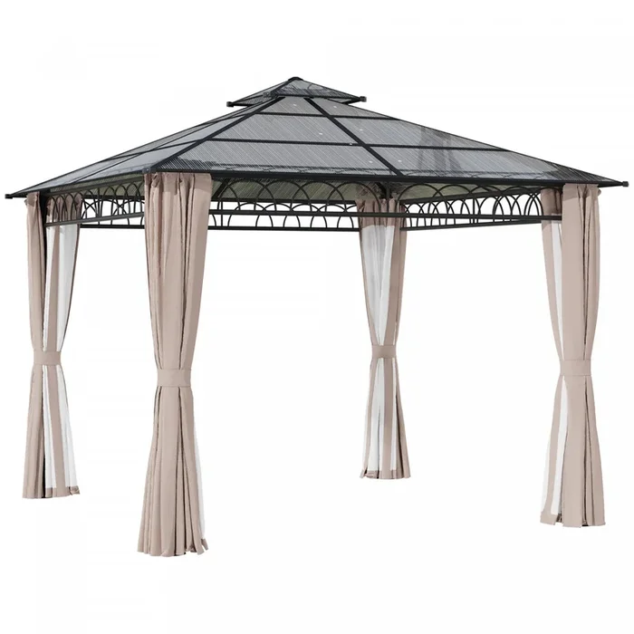 Outsunny 9′ X 10′ Double roof Hardtop Gazebo With Nettings curtains Khaki