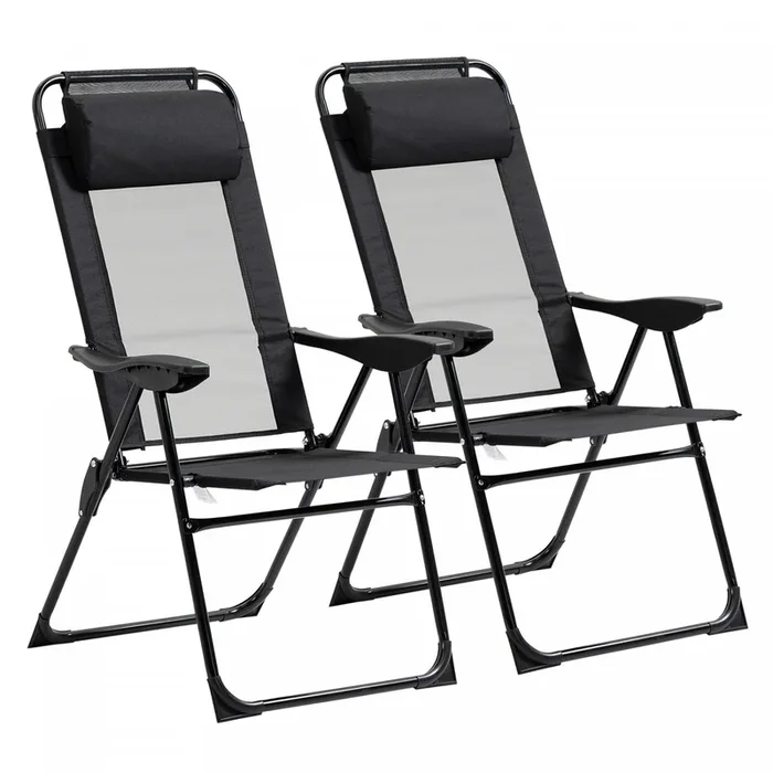 Outsunny Double Camping Chairs Foldable W/ Reclining & Headrest, Black