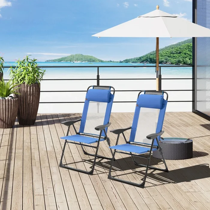 Outsunny Double Camping Chairs Foldable W/ Reclining & Headrest, Blue
