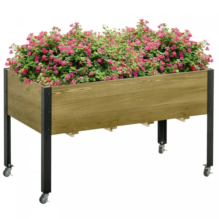 Outsunny Elevated Planter Box With Legs And Lockable Wheels, Mobile Raised Garden Bed With Metal Leg|Outsunny Jardiniere Surelevee Mobile En Bois Avec Pieds En Metal, Roues Verrouillables Et Tissu Non