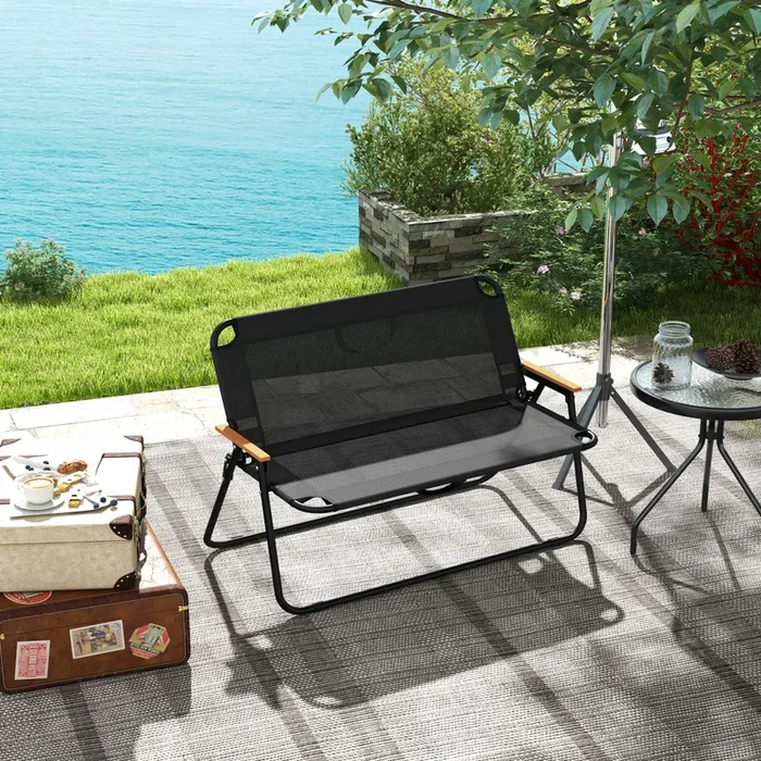 Outsunny Folding Patio Chair For 2 People With Armrest, Mesh Fabric Seat