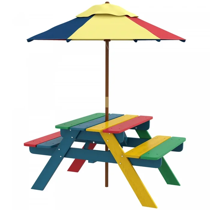 Outsunny Kids Picnic Table Bench Set With Removable Umbrella, Outdoor Wooden Kids Table And Chair Se|Outsunny Ensemble De Table De Pique-nique Pour Enfants Avec Parasol Amovible, Table Et Chaises D’ext