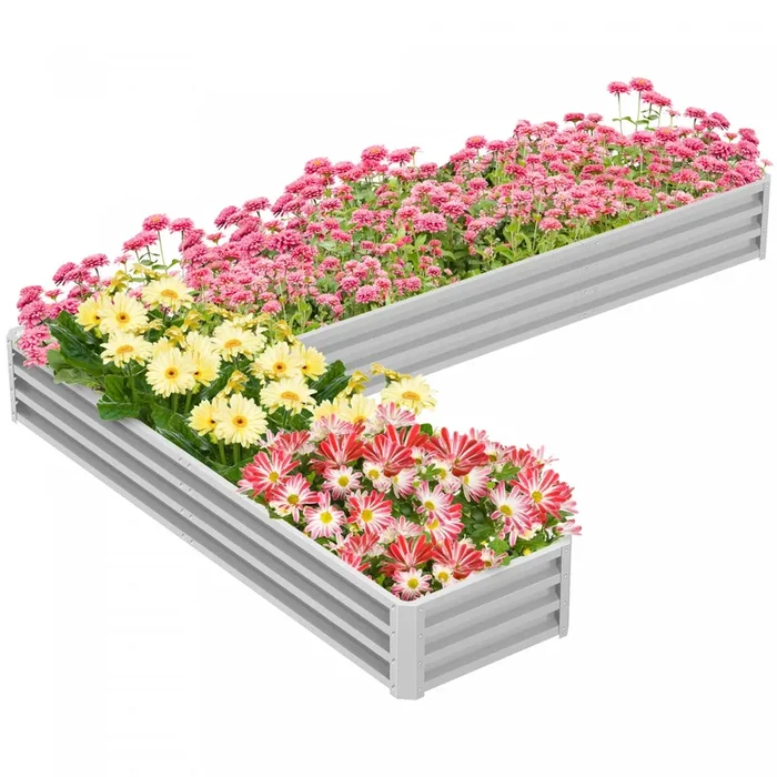 Outsunny L-shaped Raised Garden Bed, 82″ X 109″ X 12″ Galvanized Steel Planter Box With Multi-reinfo|Outsunny Lit De Jardin Sureleve En Forme De L, 82″ X 109″ X 12” Jardiniere En Acier Galvanise Avec