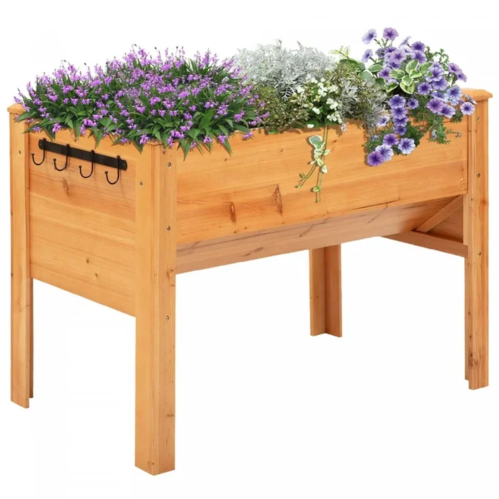 Outsunny Raised Garden Bed With Hooks, 660lb Capacity Wood Elevated Planter Box With Water Draining |Outsunny 49 ” X 24 ” X 32 ” Lit De Jardin Sureleve En Bois Sureleve Pour Plante De Jardin En Plei