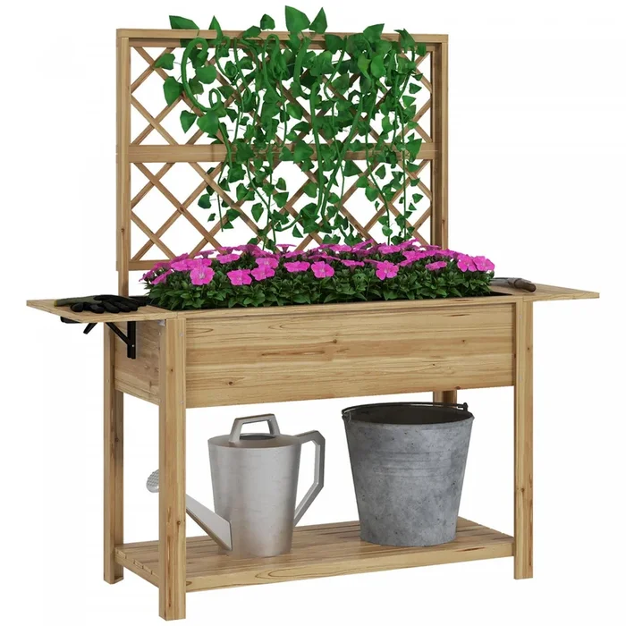 Outsunny Raised Garden Bed With Trellis And Foldable Side Shelves Natural|Outsunny Lit De Jardin Sureleve Avec Treillis Et Etageres Pliables, Naturel