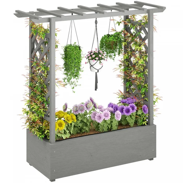 Outsunny Raised Planter With Trellis, Elevated Wood Planter Box With Liner