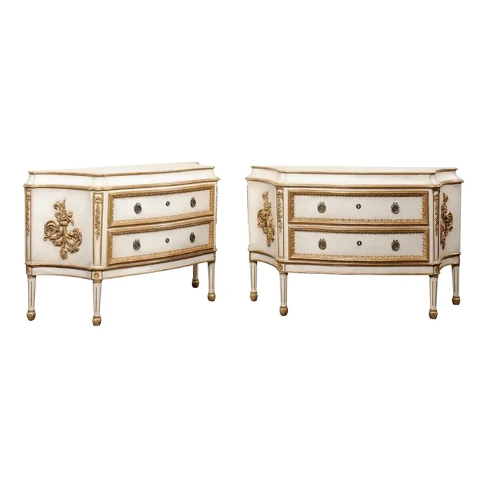 Pair French Style Robust 2-Drawer Chests in White & Gold