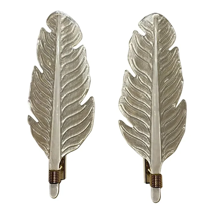 Pair of Modern Murano Glass Leaf Form Sconces Frosted in a Pearl White