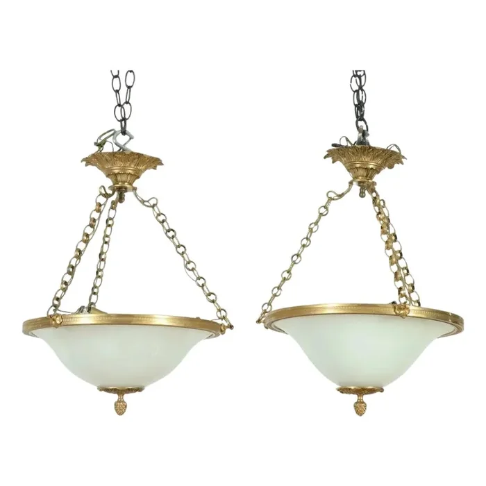 Pair of Neoclassical Ormolu & Milk Glass Pendants