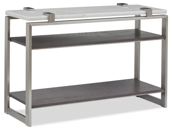 Paradox 48″ Modern Sofa Table with Shelf – White Marble Top with Brushed Platinum Frame|Table de salon moderne Paradox de 48 po avec tablette – dessus en marbre blanc avec armature platine brossé