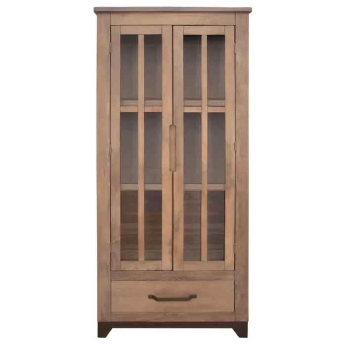 Parota Glass Door & Drawer Cabinet – Natural Brown