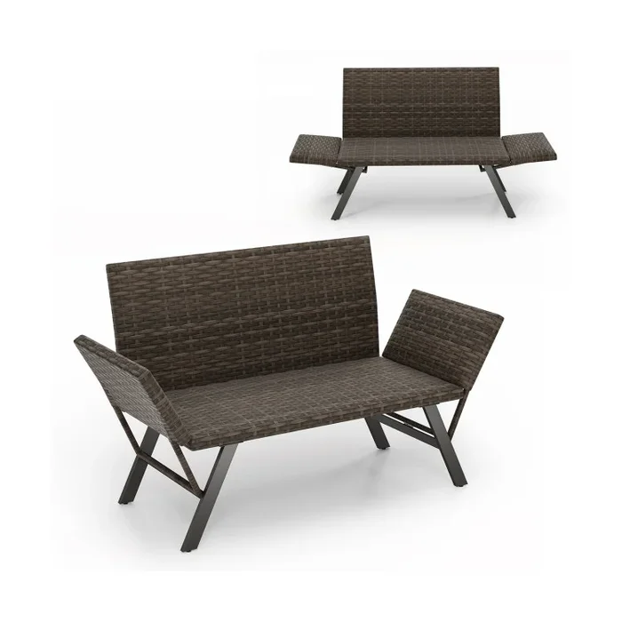Patio Convertible Sofa for 2 Quick Dry Foam Padded Rattan with Armrests