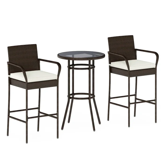Patio Rattan Bar Height Table and Chairs with 2 Seat Cushions for Porch