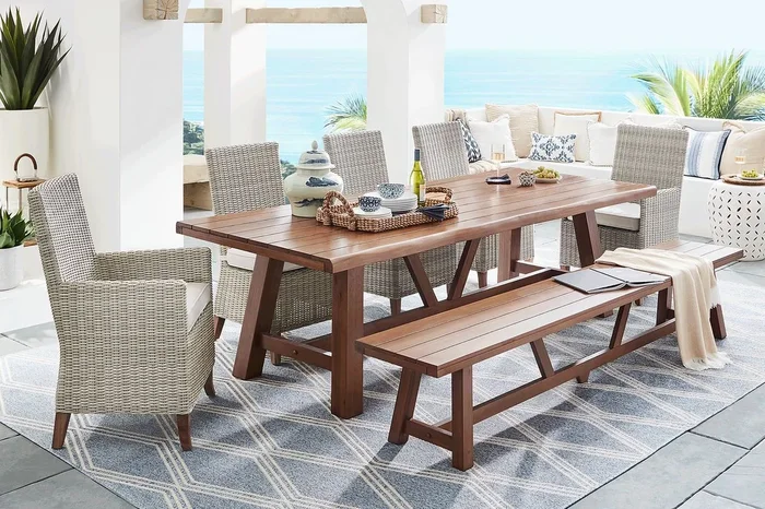 Patmos Tan 7 Pc 102 in. Rectangle Outdoor Dining Set With Linen Cushions and Bench