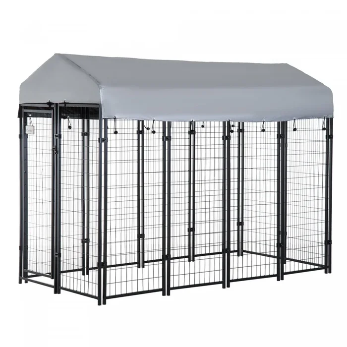 Pawhut 8′ X 4′ X 6′ Large Outdoor Dog Kennel Steel Fence With Uv-resistant Oxford Cloth Roof & Secur|Pawhut 8′ X 4′ X 6′ Grande Cloture Chenil Pour Chien En Metal Avec Toit En Tissu Pe Resistant Aux Uv