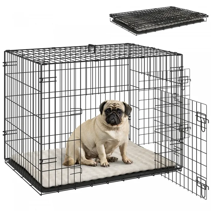 Pawhut Dog Crate, 30″ Folding Metal Dog Kennel With 2 Doors, Removable Tray, Soft Cushion, Handle, Pet Cage For Small Dogs, Black