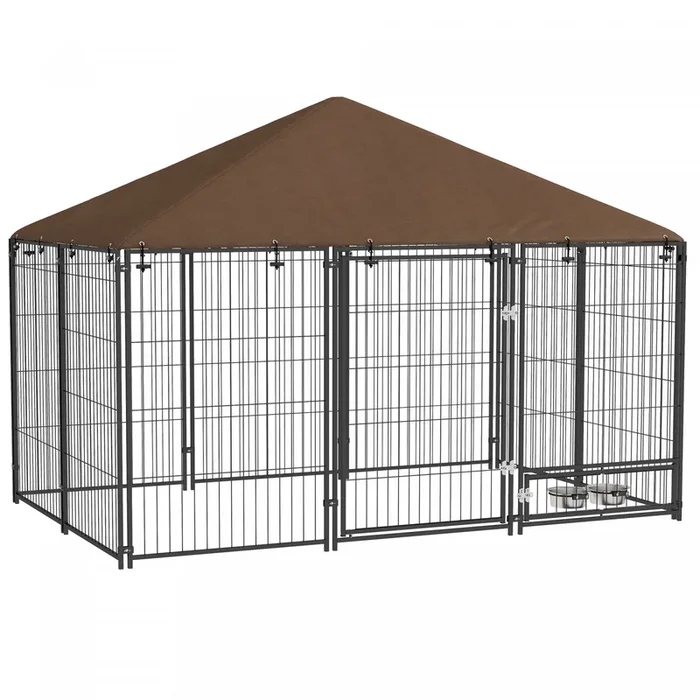 Pawhut Dog Run, 6.9′ X 4.6′ X 5′ Outdoor Dog Kennel With Canopy, Rotating Bowls, Door For Backyard &|Pawhut Chenil Exterieur Pour Chien De 6.9′ X 4.6′ X 5′ Avec Auvent, Bols Rotatifs, Porte Pour Cour E