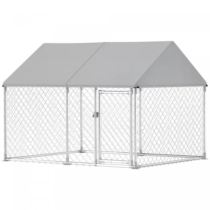 Pawhut Large Dog Kennel With Roof And Safety Lockable Latch, Heavy-duty Galvanized Steel Dog Run Chain Link W/ Waterproof Uv-resistant Cover, 7′ X 5.9′ X 5.1′