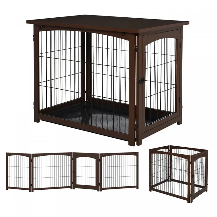 Pawhut Wooden Decorative Dog Cage Pet Crate Fence Side Table Small Animal House With Tabletop, Locka|Pawhut Cage Decorative En Bois Pour Chien, Cage Pour Animaux De Compagnie, Table D’appoint Pour Peti
