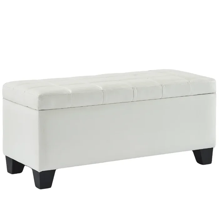 Pleather Impression Bench with Storage White|Banc en similicuir blanc avec rangement