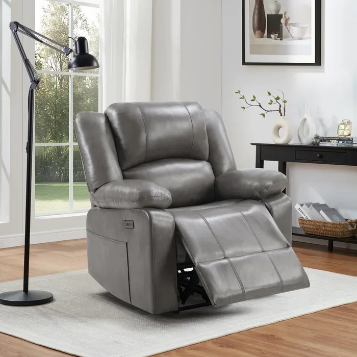 Power Recliner with Overstuffed Back & USB Port – Gray