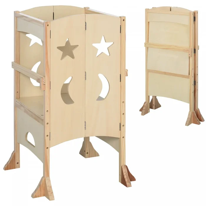 Qaba Folding Toddler Tower, Kitchen Helper Step Stool With Support Handles, Safety Rail And Non-slip|Qaba Tour D’apprentissage Pliable Tour D’observation Pour Enfants De 3 A 8 Ans Style Moderne Et Eleg