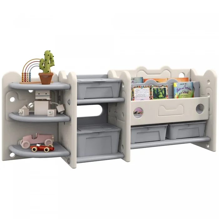 Qaba Toy Storage Organizer With 4 Storage Boxes, Bookshelves, Storage Racks, Toy Organizer For Nurse|Qaba Organiseur De Rangement Pour Jouets Avec 4 Boites De Rangement, Etageres, Supports De Rangement