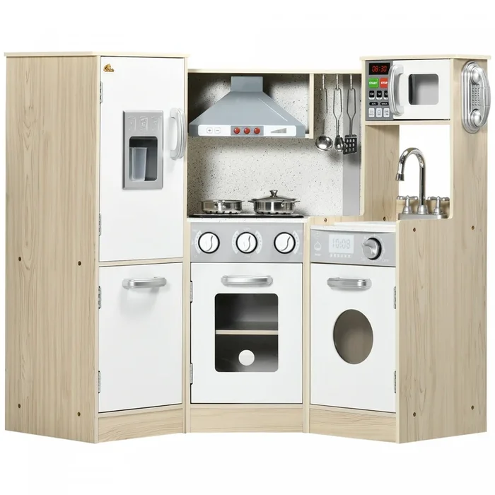 Qaba Wooden Play Kitchen With Lights Sounds, Corner Kids Kitchen Playset With Play Phone, Ice Maker,|Qaba Cuisine En Bois Avec Sons Et Lumieres, Coin Cuisine Pour Enfants Avec Telephone, Machine A Glac