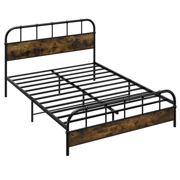 Queen Size Industrial Metal Platform Bed Frame with Headboard Mattress Foundation-Coffee