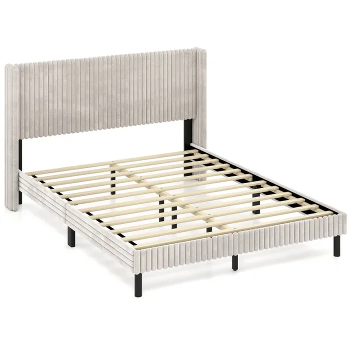 Queen Size Velvet Bed Frame with Vertical Channel Tufted Wingback Headboard