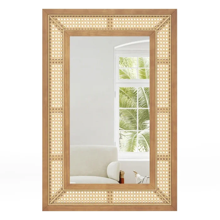 Rattan Decorative Wall Mirror with Wooden Frame for Bathroom and Living Room
