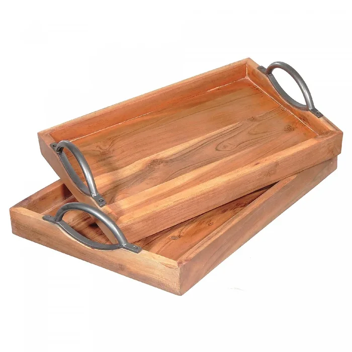 Rect. Wooden Tray with Curved Handles Set of 2|Ensemble de 2 plateaux rectangulaires en bois avec poignées courbées