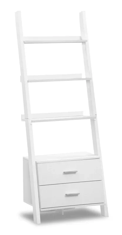 Ronan 25.5″ Ladder Bookcase with Open Shelves & 2-Drawers – White|Bibliothèque échelle Ronan de 25,5 po à tablettes ouvertes et 2 tiroirs – blanche