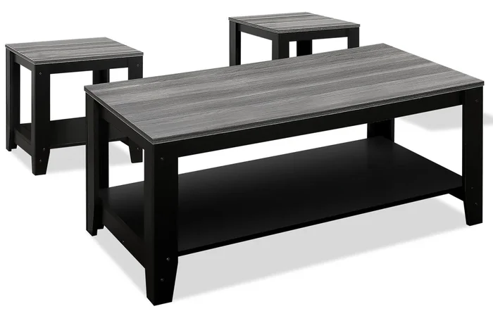 Rory 42″ Traditional 3-Pack Coffee + 2 End Tables with Shelf – Grey and Black |Ensemble 3 tables traditionnelles Rory de 42 po (table à café et 2 tables de bout) avec tablette – gris et noir