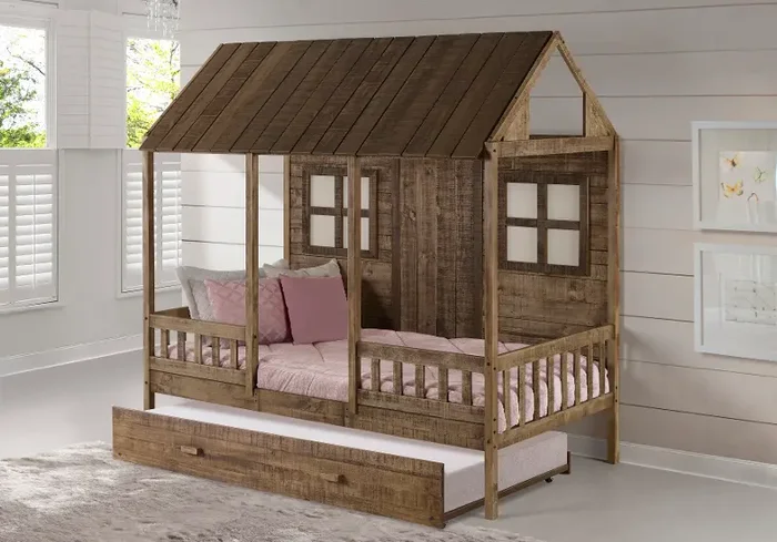 Rustic Driftwood Twin Low Loft Bed with Trundle – Front Porch