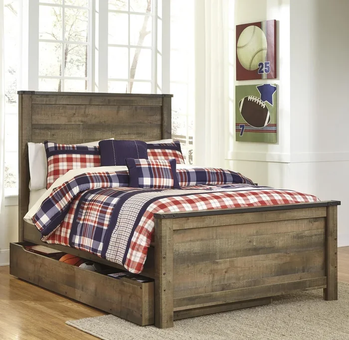 Rustic Look Full Panel Bed with Under Bed Storage/Trundle
